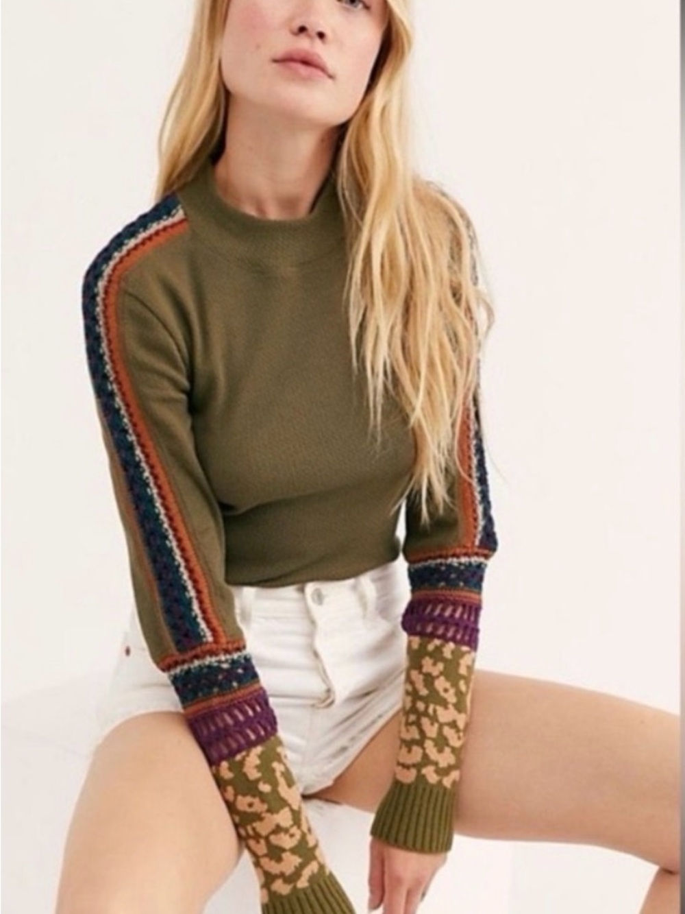 Free People Switch It Up Thermal Long-Sleeve Crewneck Top in Army Green
